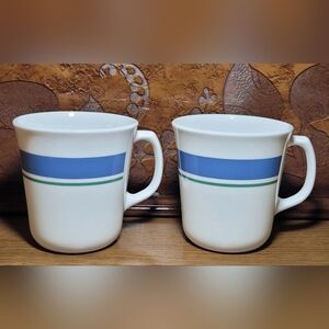 2 Vintage Corning Corelle Jennie Coffee Mug Cup~ White W Blue‎ Band Green Stripe